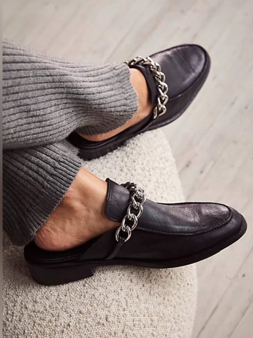 Free People Vida Mules Size 36 Black Leather Silver Chain Grunge Downtown Girl